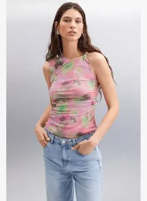 ETHIQUET JERI Kadın Çift Kat Tül Mesh Kumaşı Burgu Omuzlu Çiçek Desenli Pembe Bluz 