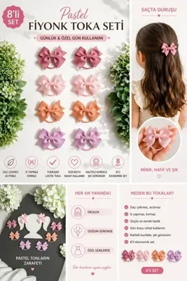 Design 4N Premium 8’li Pastel Fiyonk Toka Seti | İz Yapmaz Yumuşak Lastik | Bebek & Kız Çocuk Saç Tokası
