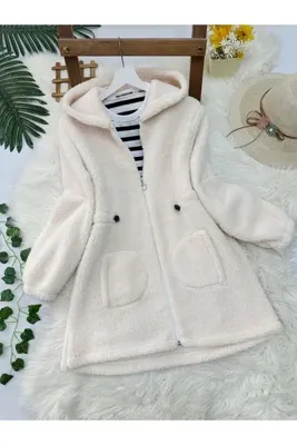MODAQU Kapşonlu Fermuarlı Beli Lastikli Peluş - Krem