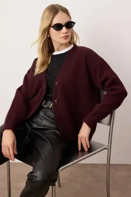 TRENDYOLMİLLA Wardrobe Essentials Bordo Alpaca Karışımlı Basic Triko Hırka TWOAW26HI00265