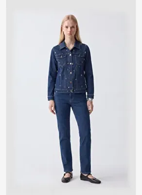 Selesty Official Taş İşlemeli Mavi Yıkamalı Denim Ceket