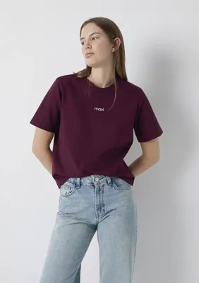 Mavi Logo Baskılı İnterlok Bordo Tişört