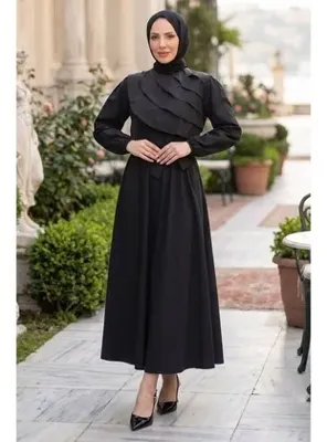 hafsamina Kat Detaylı Beli Lastikli Kuşaklı Elbise Siyah HM2947