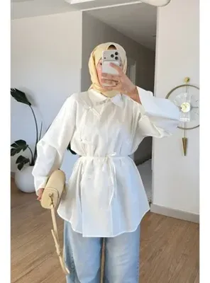 İmaj Butik Ekru Biye Bağcıklı Salaş Tunik