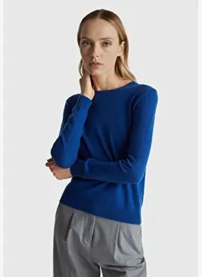 United Colors Of Benetton Kadın Koyu Mavi %100 Merino Bisiklet Yaka Kazak