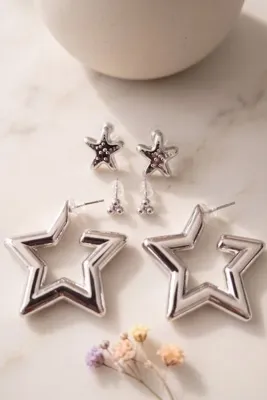 Elika Silver Gümüş Renk Deniz Yıldızı, Yıldız ve Minimal Model 3'lü Küpe Seti