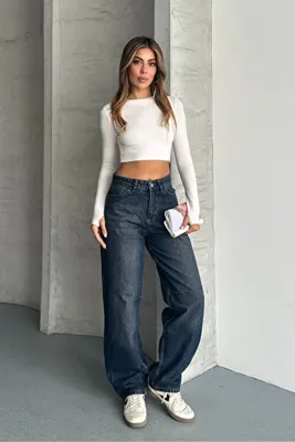 macharel jeans Toka Detaylı Koyu Mavi Bol Kesim Geniş Paça Rahat Baggy Jean Pantolon