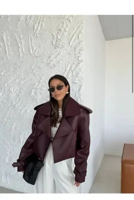 candybia Kadın Premium Trend Luxury Bordo Suni Deri Tasarım Biker Ceket