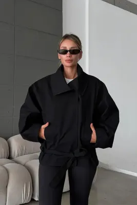 NET OF NOT Oversize Gabardin Kumaş Kuşaklı Dik Yaka Kadın Ceket
