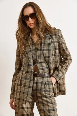 Olalook Kadın Camel Astarlı Cepli Ekose Blazer Ceket CKT-19000497