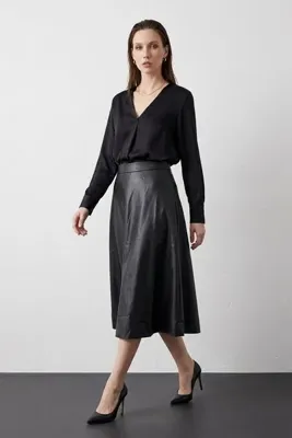 Hiccup MY FASHION Yüksek Bel Midi A Kesim Suni Deri Etek