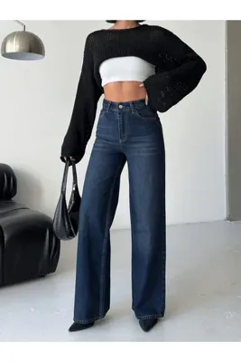 moda paketi Kadın Yüksek Bel Geniş Paça Koyu Mavi Denim Jean - 0164