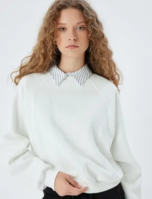Koton Basic Sweatshirt Bisiklet Yaka Dikiş Detaylı Şardonlu