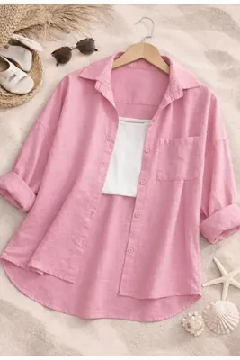 İnazuma Outdoors Kadın Keten Pembe Gömlek Yazlık Oversize Gömlek Yeni Sezon