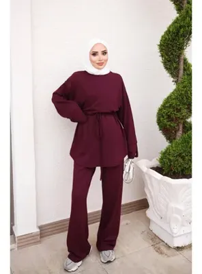 İmajButik Mürdüm Bel Bağlamalı Tunik Pantolonlu Takım