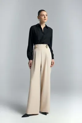 Sateen Bel Aksesuarlı Pantolon - Bej