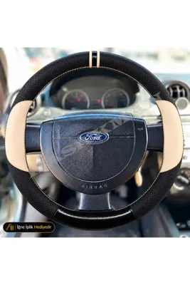 HasAkman Ford Fiesta Dikme Direksiyon Kılıfı Delikli Deri Parlak Siyah Bej Detay Çift Yüzük ve Dikiş Comfort-Trend-Collection-Titanium 2006-2008