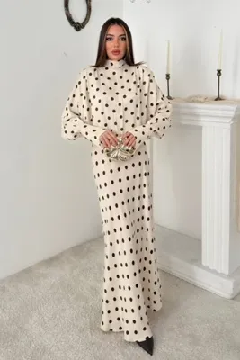 Elbee Fashion Woman Ekru Puantiyeli Saten Elbise
