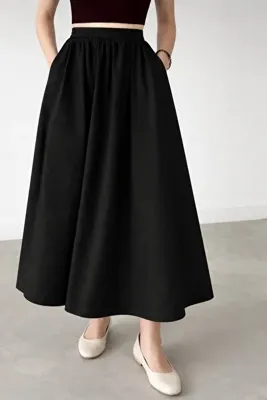 Kahra Collection SİYAH BELİ LASTİKLİ CEPLİ DOUBLE ETEK