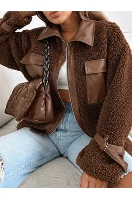qeteen Kadın Suni Deri Detaylı Peluş Mont Fermuarlı Cepli Kışlık Teddy Kaban