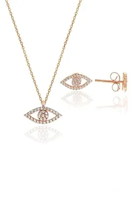 Söğütlü Silver Gümüş rose zirkon taşlı göz kolye ve küpe gümüş ikili set