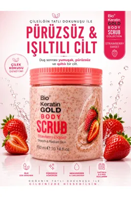 Bio Keratin Gold Çilek Özlü Vücut Peelingi 500 ml Pürüzsüz ve Işıltılı Cilt Body Scrub
