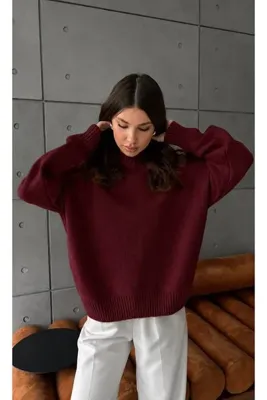 STF MODA Kadın Bordo Oversize Triko Kazak - Yumuşak Dokulu Bisiklet Yaka