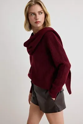 TRENDYOLMİLLA Bordo Yumuşak Dokulu Çıkarılabilir Şal Detaylı Triko Hırka TWOAW27HI00071
