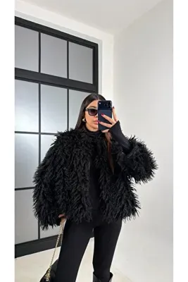 manana fashion Siyah Saçaklı Uzun Tüylü Kürk Mont Ceket - 7055