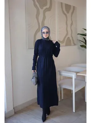 İmaj Butik Lacivert Fitilli Bel Bağlamalı Triko Elbise