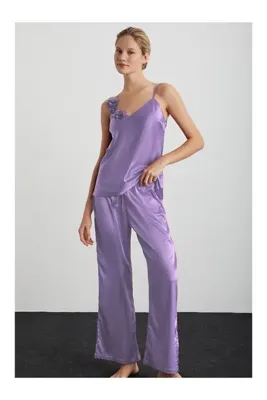 Kom Rose Gül Detaylı Saten Pantolon