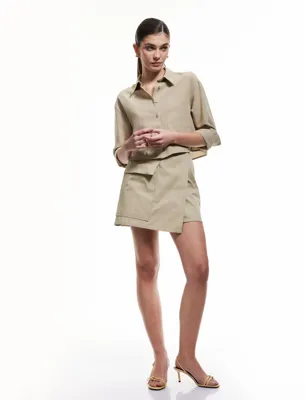 Koton Keten Karışımlı Cepli Uzun Kollu Oversize Crop Gömlek