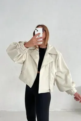 Laleli Butik Kadın Krem Oversize Deri Ceket