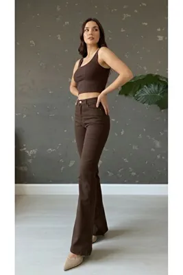geenz manifacture Acı Kahve Kadın Miya Ispanyol Paça Likralı Kot Pantolon Yüksek Bel Jeans Toparlayıcı( Extra Rahat)