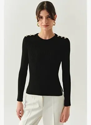 Exquise Bisiklet Yaka Uzun Kollu Düğme Detaylı Slim Fit Triko Siyah Bluz