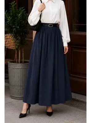 İmajButik Lacivert Bel Lastikli  Kemerli Etek