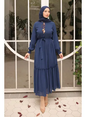 İmaj Butik Lacivert Eteği Katlı Kuşaklı Şifon Elbise