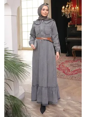 İmajButik Füme Yaka Taşlı Yarım Fermuarlı Kemerli Kot Elbise