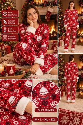 MiŞa adella Kadın Peluş Detaylı Süet Pijama Takımı Yumuşak Dokulu Kışlık Pijama Takımı