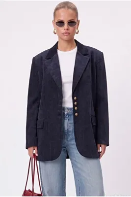 Ritnice Kadın Jonas Astarlı Cepli İndigo Lux Oversize Blazer Ceket