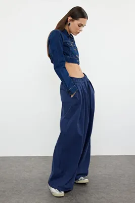 TRENDYOLMİLLA Lacivert Pileli Yüksek Bel Wide Leg Jeans TWOAW25JE00023