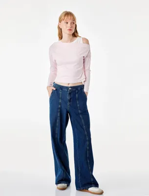 Koton Slim Fit Viskon Karışımlı Asimetrik Yaka Uzun Kollu Katmanlı Tişört