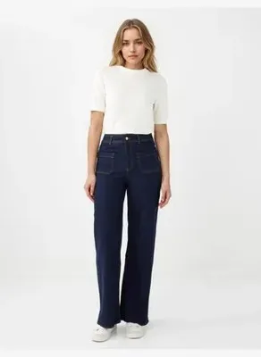 Jimmy Key Lacivert Bol Paça Yüksek Bel Denim Pantolon