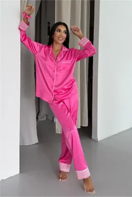 COCCOLARSI Liscio e Quadri Fuşya Saten Uzun Pijama Takımı