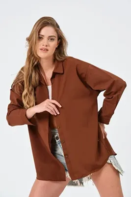 modazoom Kadın Kahverengi Oversize Uzun Basic Gömlek