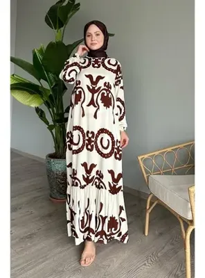 InStyle Tek Renk Desenli Acı Kahve Viskon Elbise