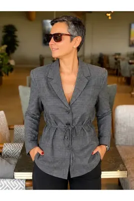 ZEYN ESTİLO Blazer Ceket Beli Bağlamalı Antrasit