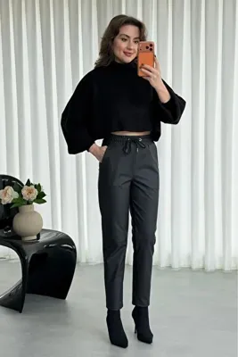 floral fashıon Kadın Suni Deri Jogger Pantolon Likralı Esnek Kumaş İçi Yumuşak Pamuk Şardonlu Mat Siyah