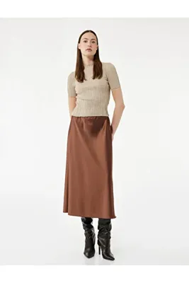 Koton Standart Bel Regular Fit Saten Midi Etek