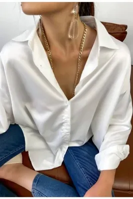 Lyuba Kadın Beyaz Oversize Model Saten Gömlek